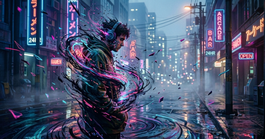 A guy listening escapism lyrics